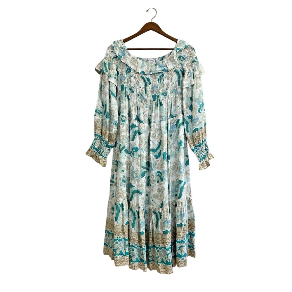 Sea Lustre Womens Teal Floral Bird‎ Smocked Tiered Rayon Midi Dress Size M/L